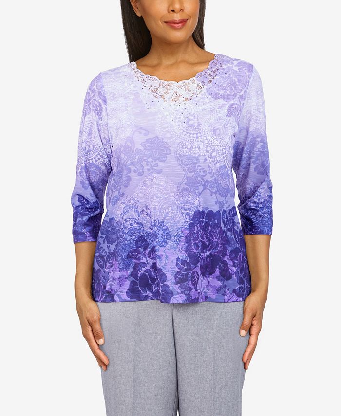 Alfred Dunner Plus Size Tivoli Gardens Medallion Ombre Lace Neck Top ...