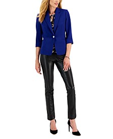 Women's One-Button Blazer, Printed Pleat-Neck Top & Faux-Leather Pull-On Ankle Pants