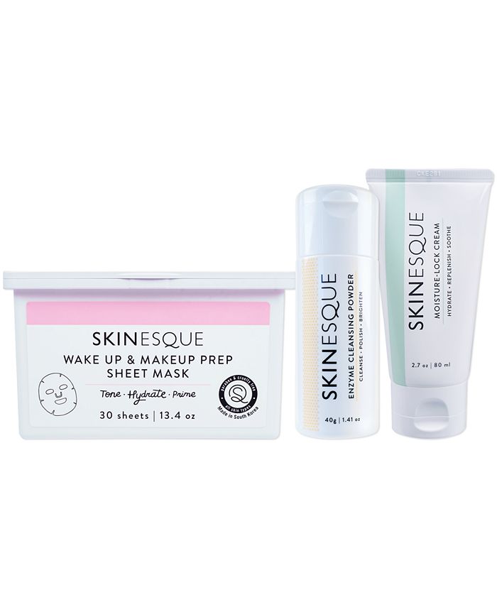 Skinesque Kit Enzyme Cleansing Powder, Wake Up Makeup Prep Sheet Mask, Moisture Lock Cream, Set