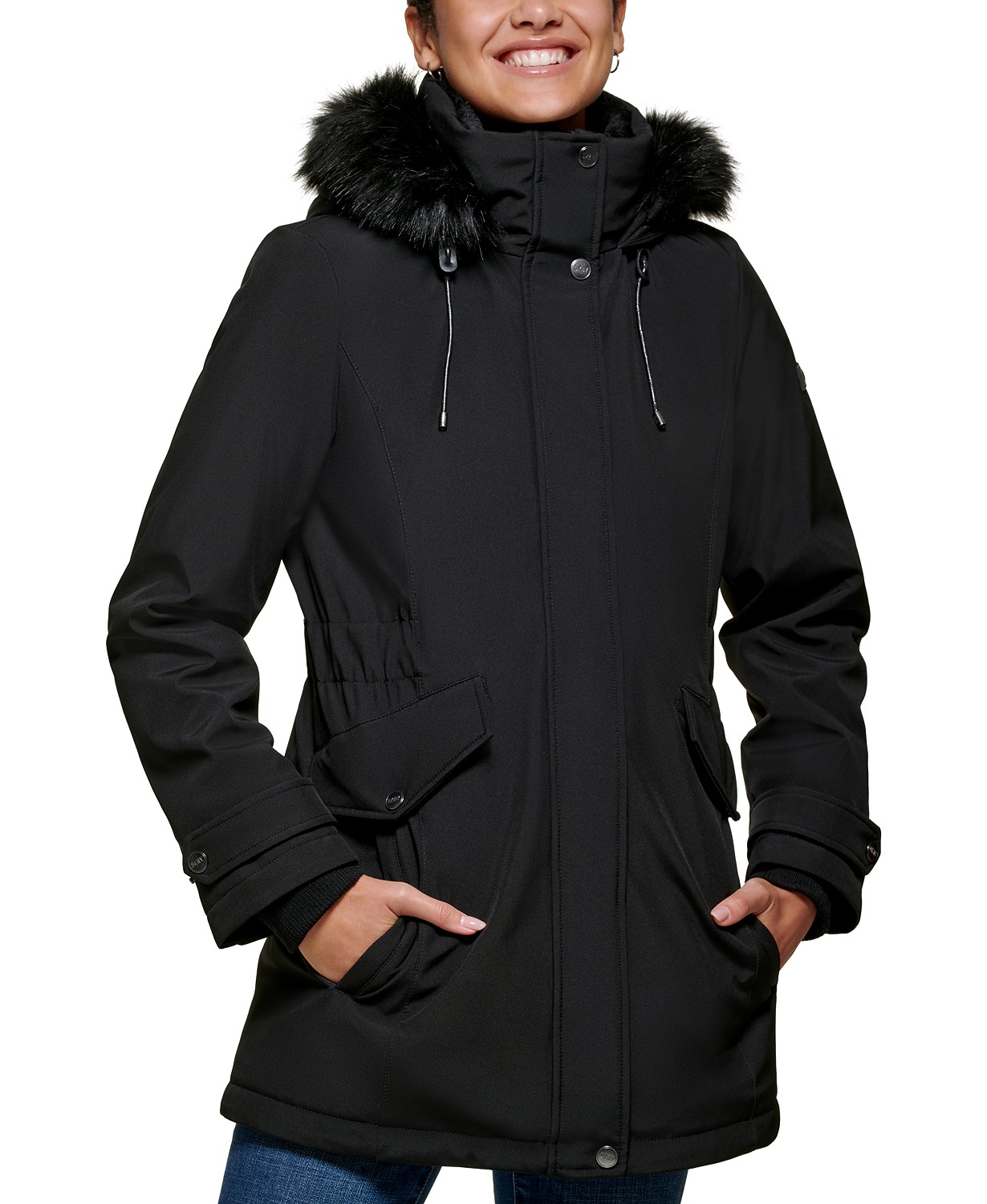 Womens Faux-Fur-Trimmed Hooded Puffer Coat