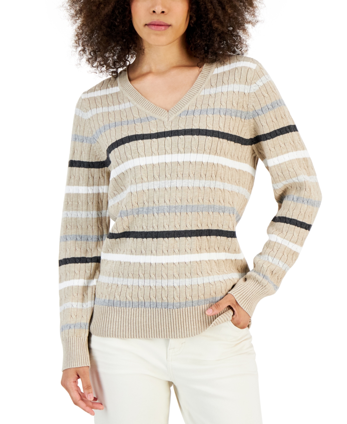 KAREN SCOTT PETITE COTTON V-NECK CABLE SWEATER, CREATED FOR MACY'S