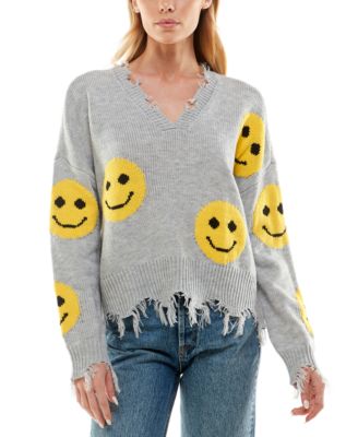 Ultra Flirt - Juniors' Distressed V-Neck Smiley Sweater