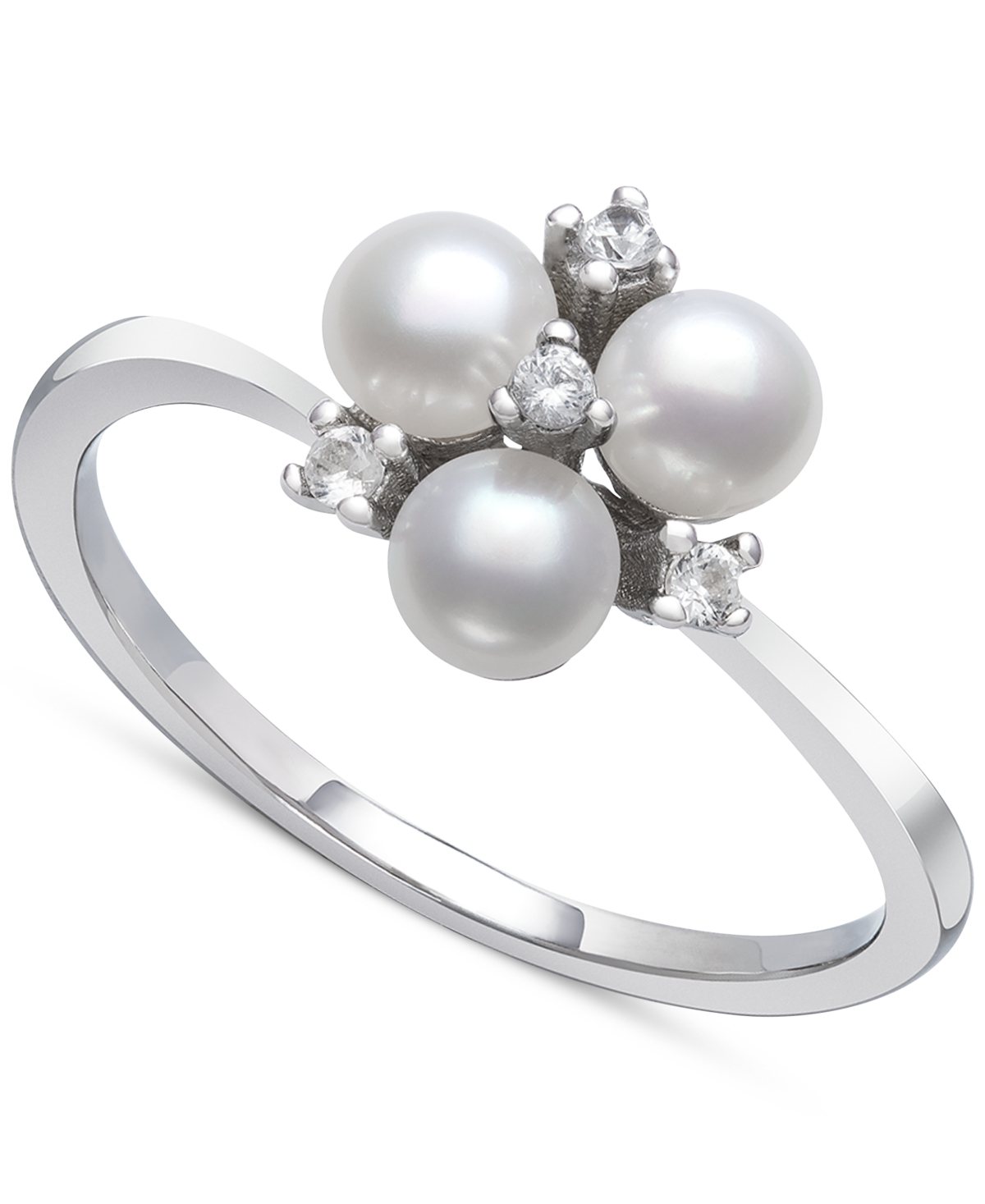 Cultured Freshwater Button Pearl (4mm) & Lab-Created White Sapphire (1/10 ct. t.w.) Trillium Ring in Sterling Silver - Sterling Silver
