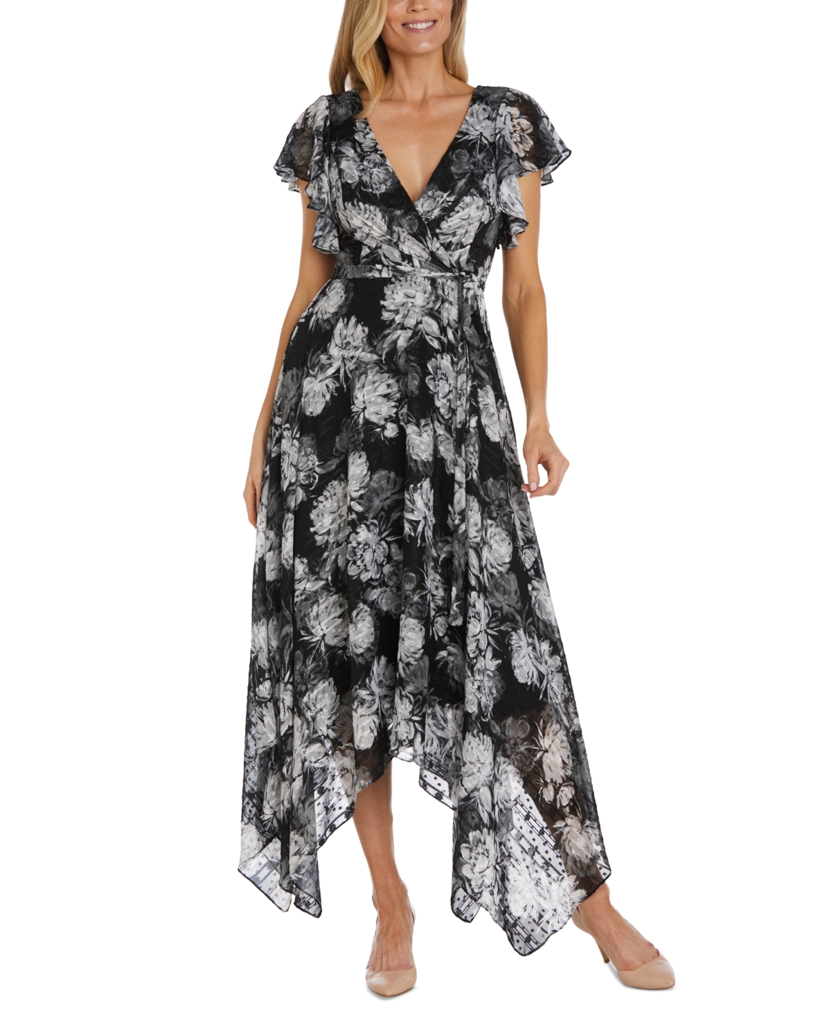 Women's Floral-Print Handkerchief-Hem Wrap Dress - Black/White