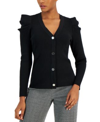 Anne Klein Women's Ribbed Puff-Sleeve Button-Up Cardigan - Macy's