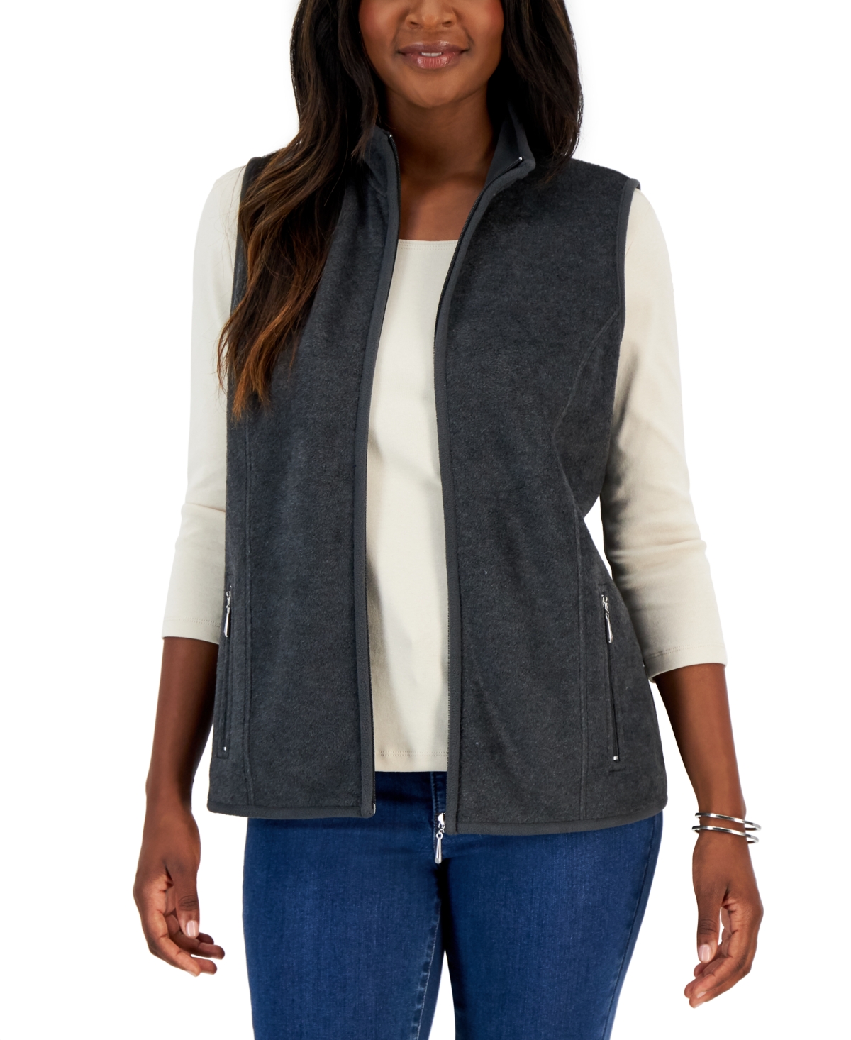 Karen Scott Petite Princess-seam Zeroproof Zip-front Vest, Created For Macy's In Charcoal Heather