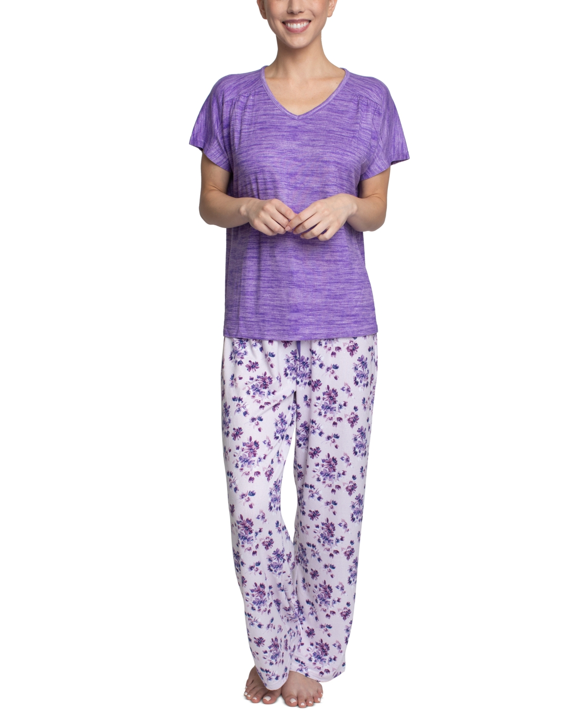 Hanes Plus Size Relaxed Butter-knit Short Sleeve Pajama Set In Purple