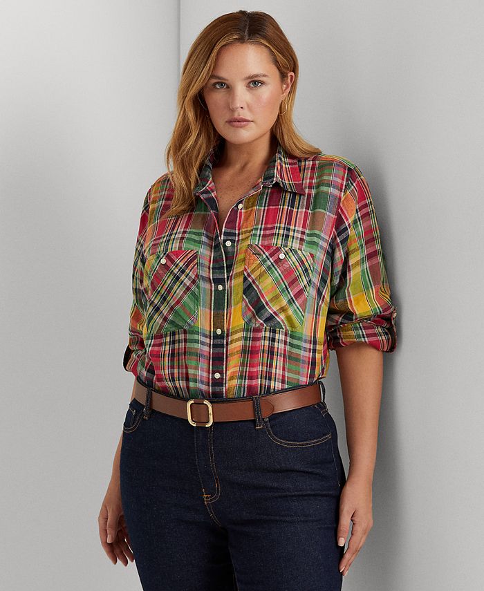Lauren Ralph Lauren Plus-Size Plaid Linen Shirt - Macy's