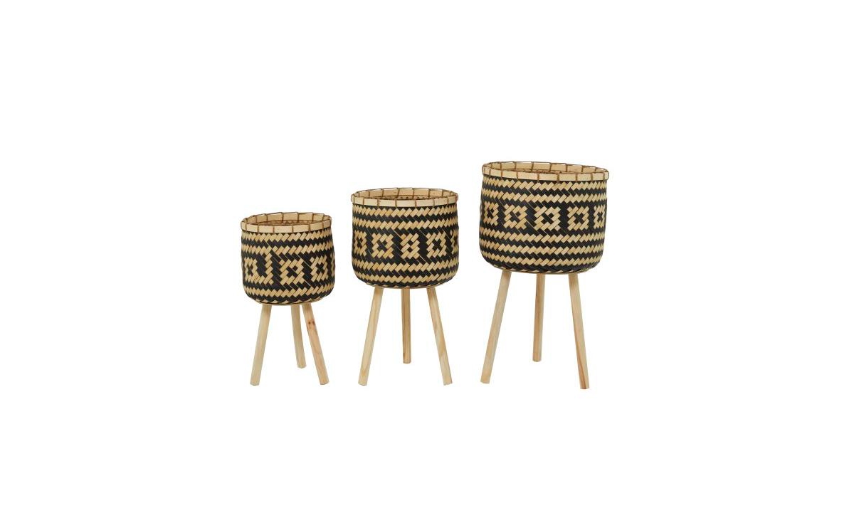 Bamboo Bohemian Planters with Stand, Set of 3 - Brown