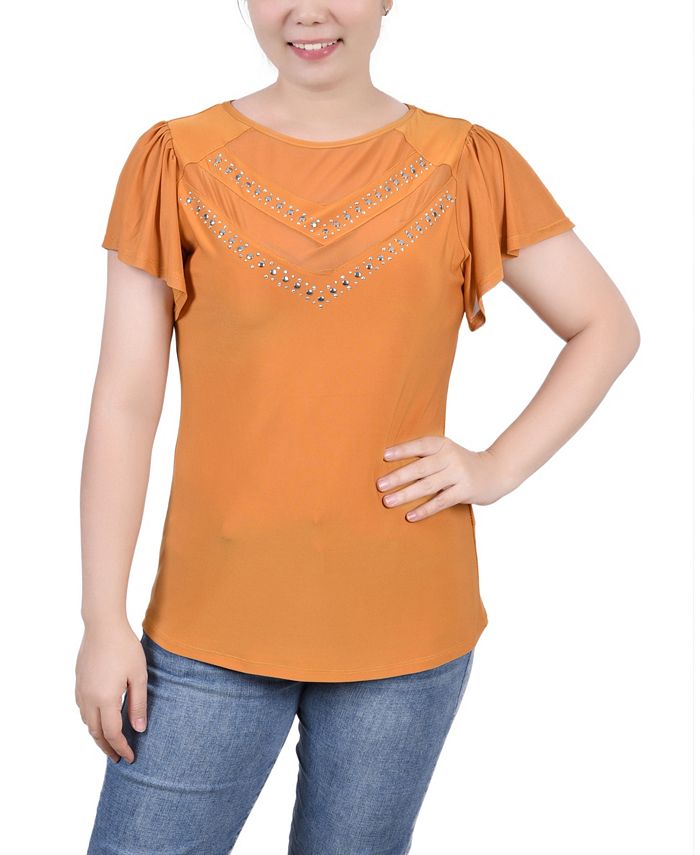 NY Collection Women's Studded Top with Mesh Details - Macy's