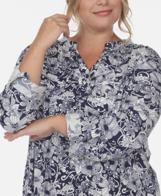 Plus Size Pleated Long Sleeve Floral Print Blouse