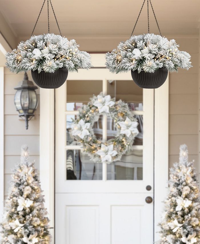 Glitzhome 24" PreLit Snow Flocked Christmas Artificial Pine Poinsettia