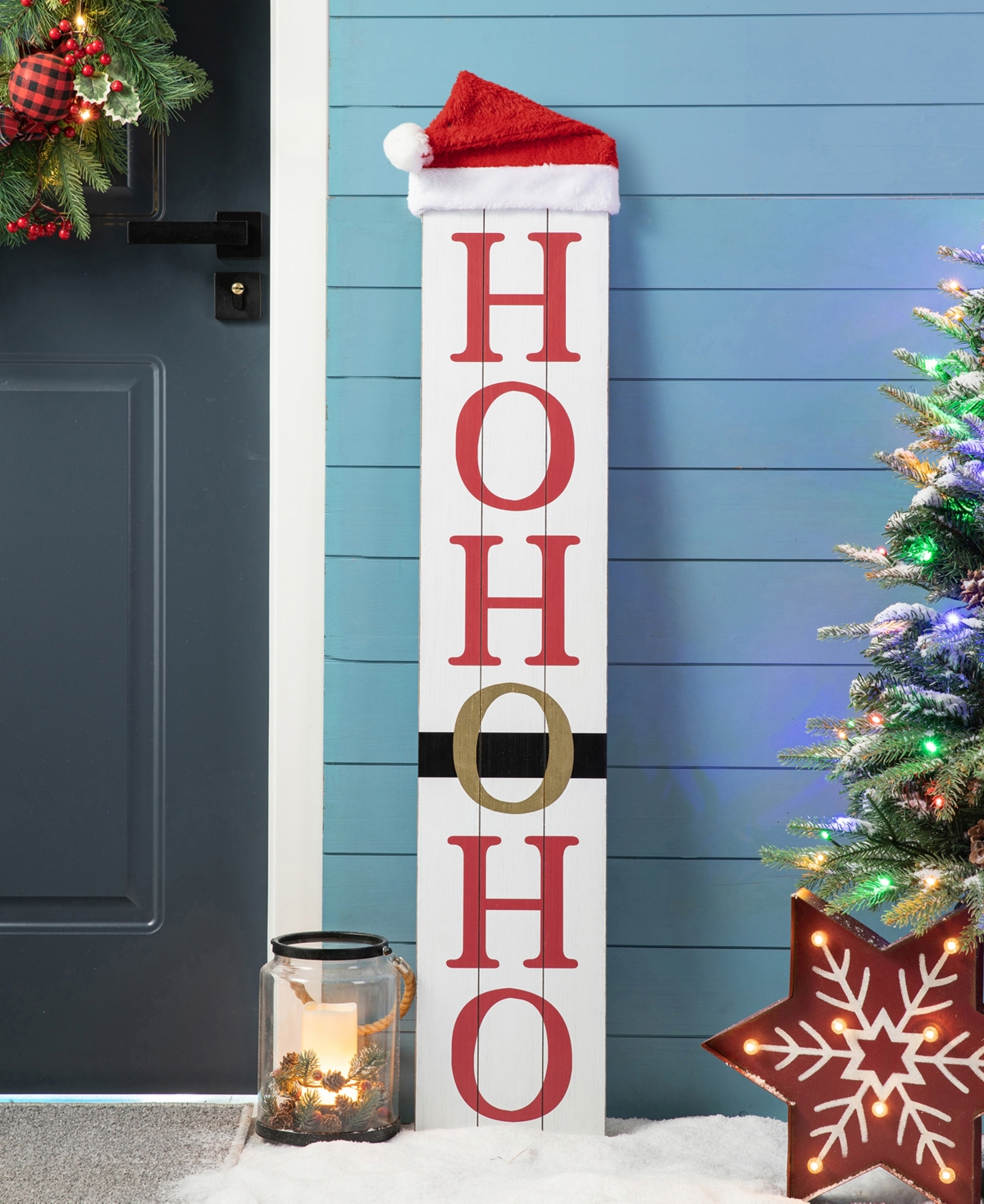 Glitzhome Reversible Wooden Hohoho and Snowman Porch Sign