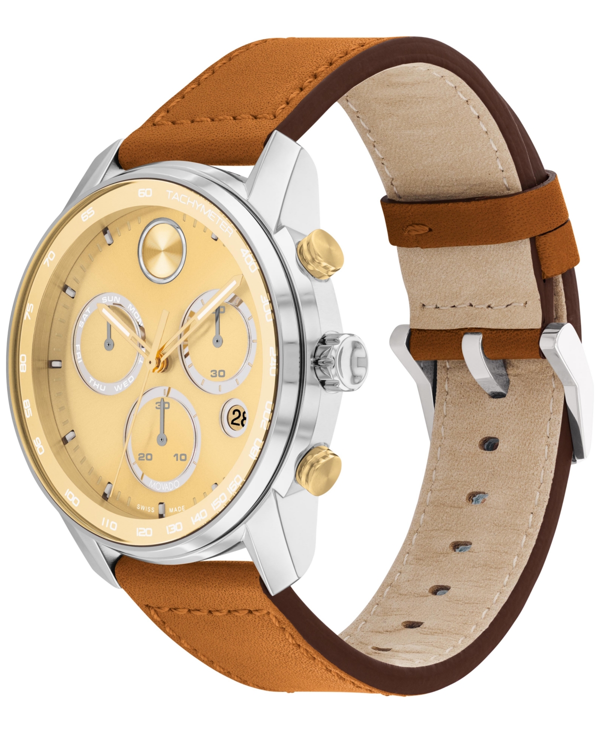 Shop Movado Men's Swiss Chronograph Bold Verso Brown Leather Strap Watch 44mm In Two Tone