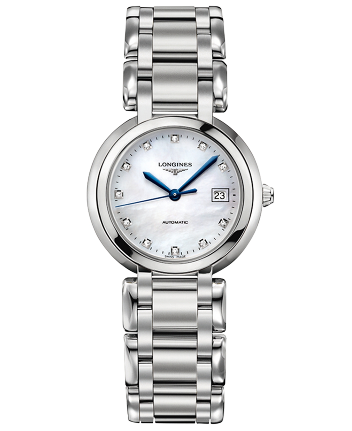 Longines Primaluna Women's Swiss Diamond 1/20 Ct. T.w. Silver-tone Stainless Steel Bracelet Watch 30mm In White