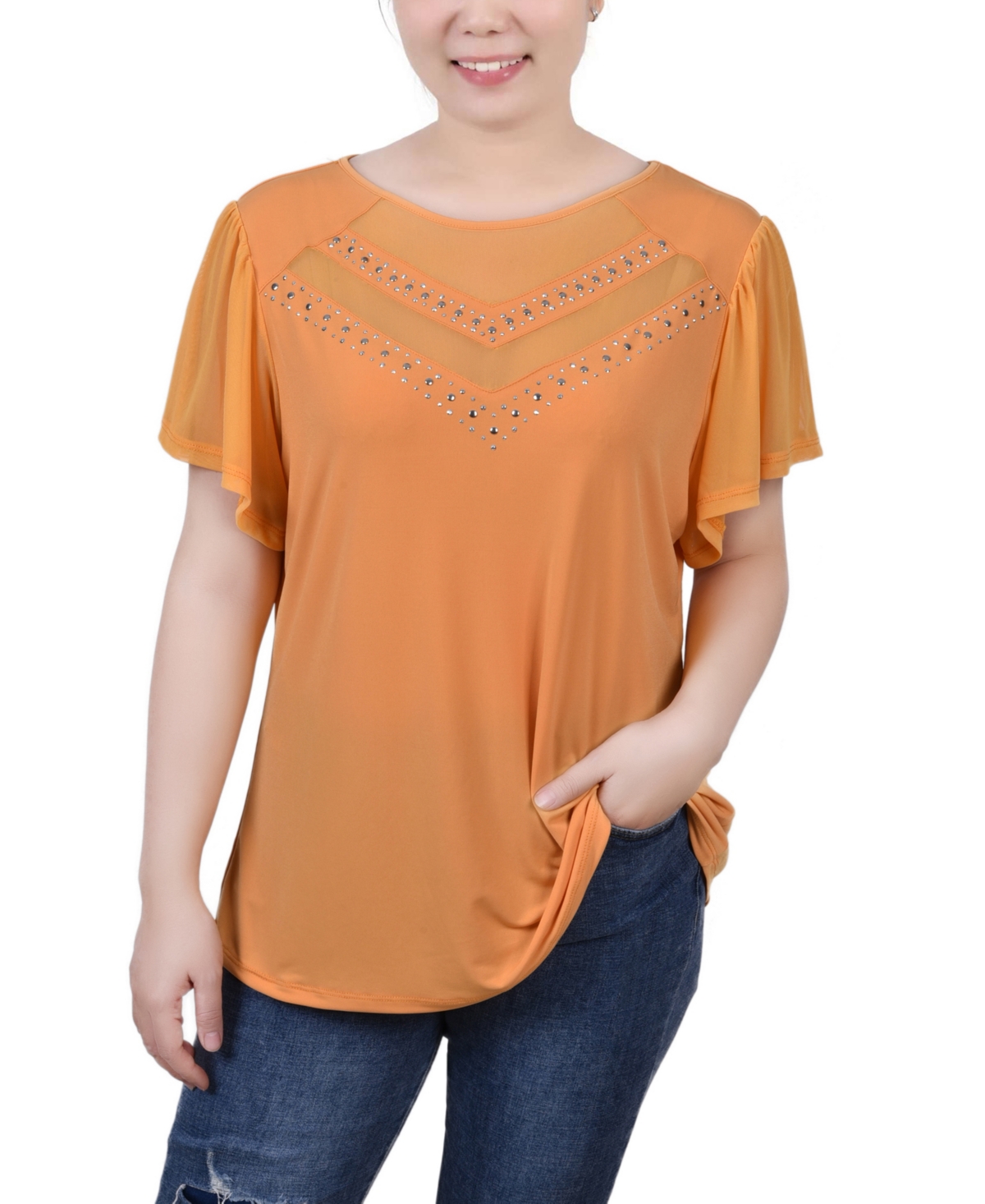 Women's Studded Top with Mesh Details - Mellow Rose