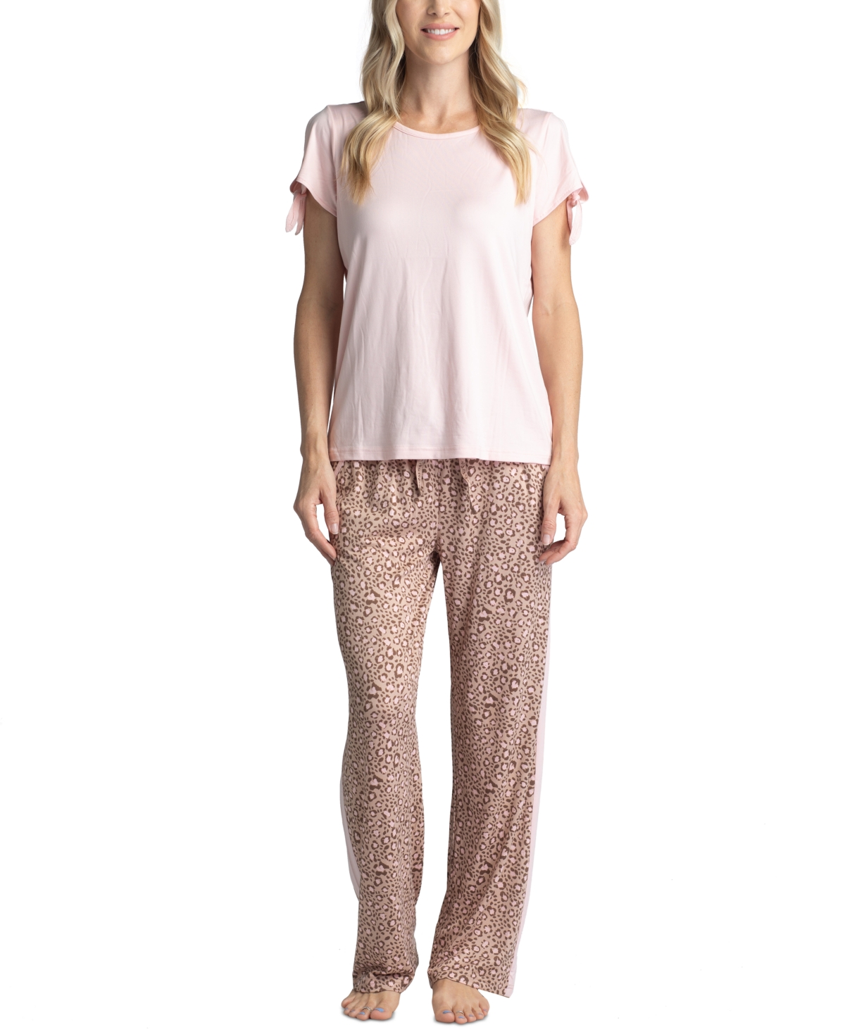 Muk Luks Plus Size Tie-cuff Split-sleeve Top & Open-leg Pajama Pants Set In Pink With Cocoa Animal