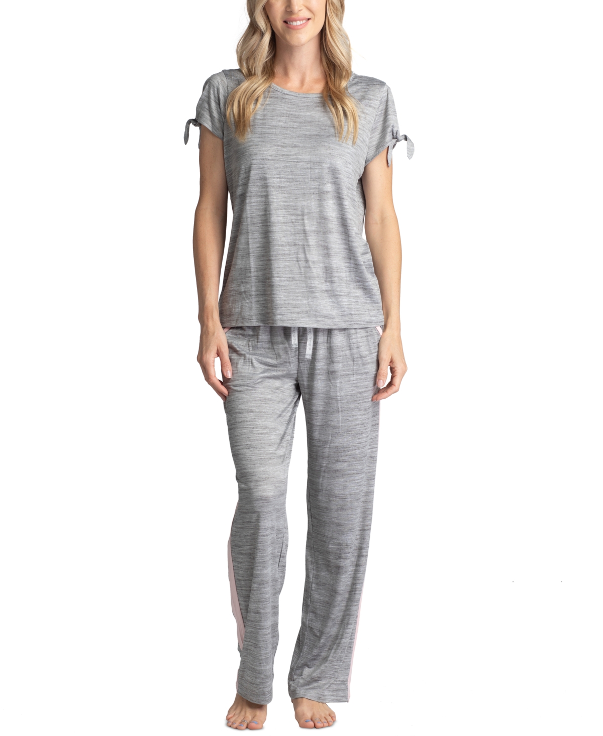 Muk Luks Plus Size Tie-cuff Split-sleeve Top & Open-leg Pajama Pants Set In Heather Grey