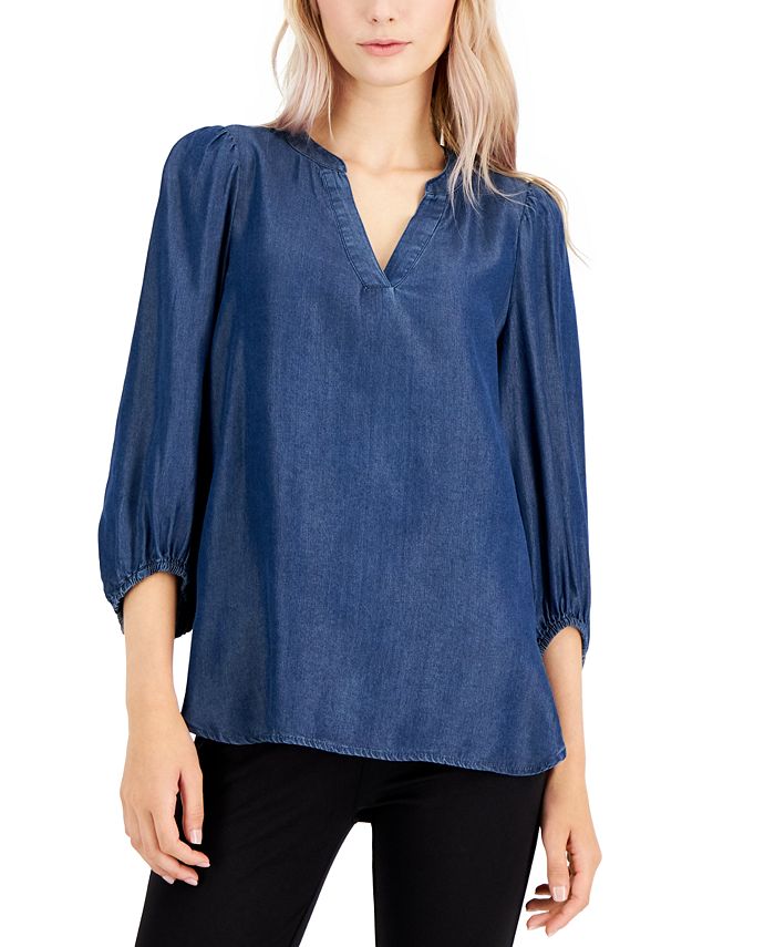 Anne Klein Petite 3 4 Sleeve Chambray Peasant Top Macy s