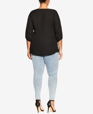 Plus Size Fashion Fling Elbow Sleeve Zip Neck Top