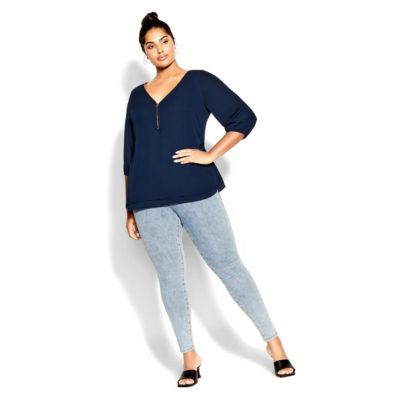 Plus Size Fashion Fling Elbow Sleeve Zip Neck Top