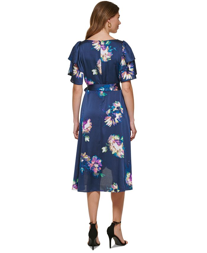 DKNY Women's Floral Print Faux Wrap Dress Blue Size 8