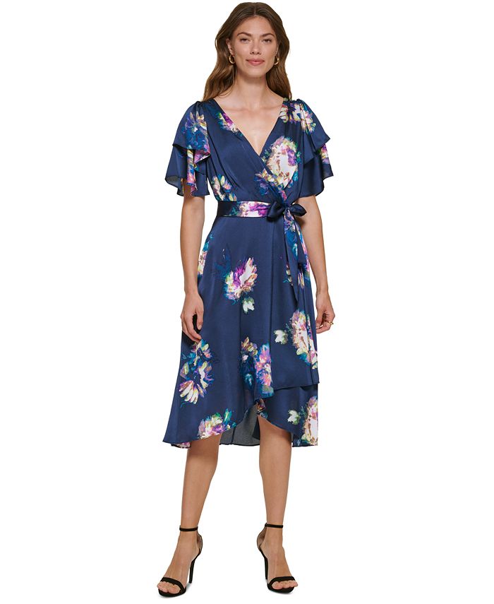 DKNY Petite Floral-Print Faux-Wrap Dress - Macy's
