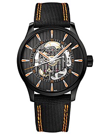 Men's Swiss Automatic Multifort Skeleton Vertigo Black and Orange Fabric Strap Watch 42mm