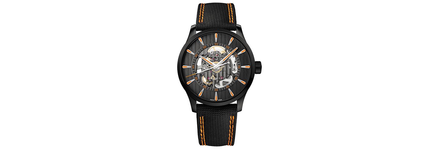 Мужские часы Mido Swiss Automatic Multifort Skeleton Vertigo Black and Orange Fabric Strap Watch 42mm — фото 1