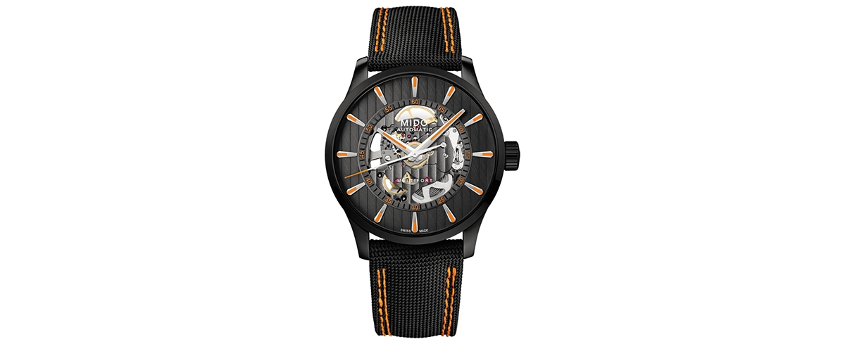 Men's Swiss Automatic Multifort Skeleton Vertigo Black and Orange Fabric Strap Watch 42mm - Black