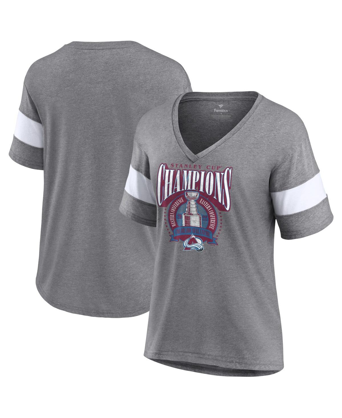 Women's Fanatics Branded Heathered Charcoal Colorado Avalanche 2022 Stanley Cup Champions Locker Room V-Neck Long Sleeve T-Shirt