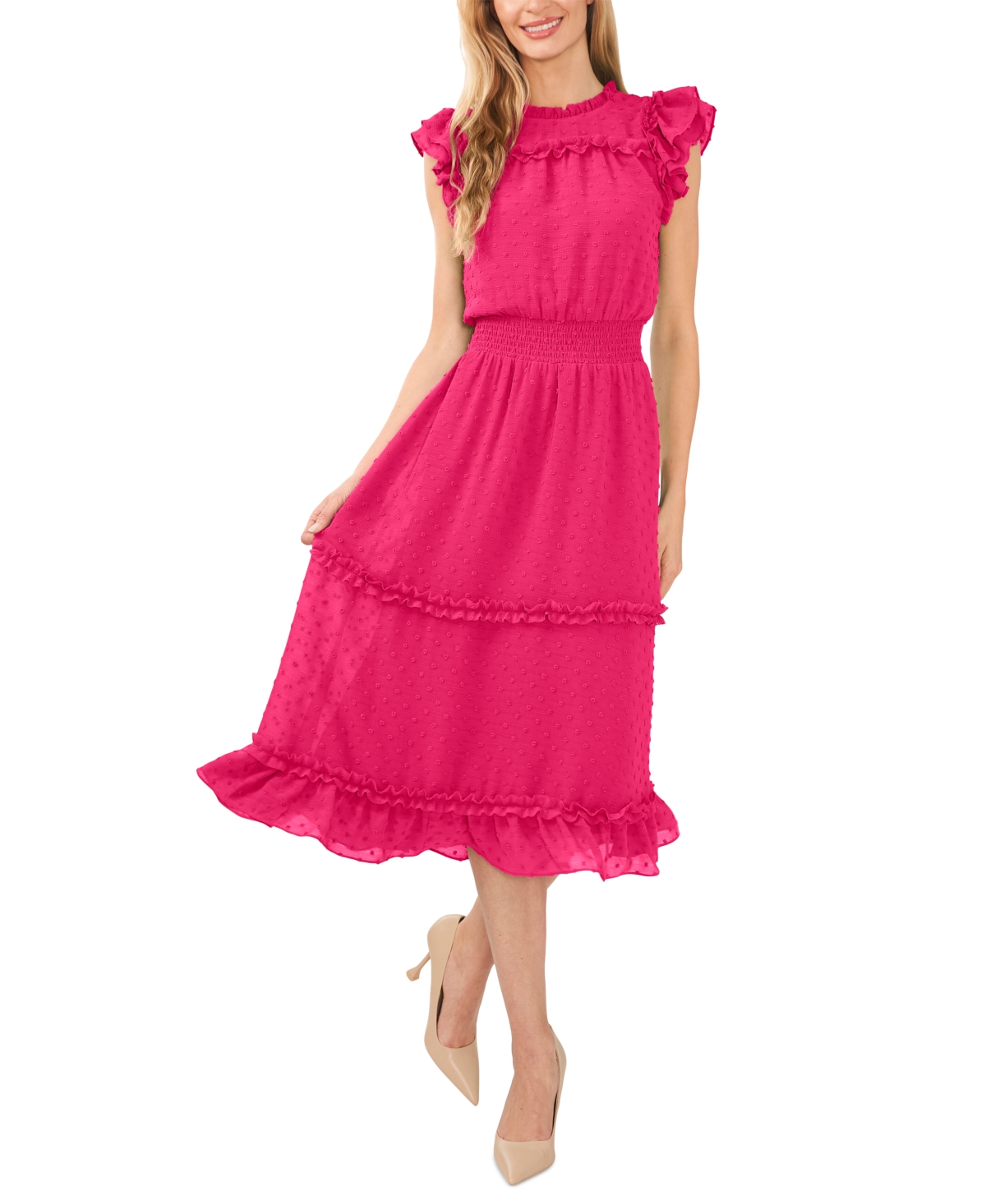 Cece Clip Dot Flutter Sleeve Midi Dress In Bright Rose