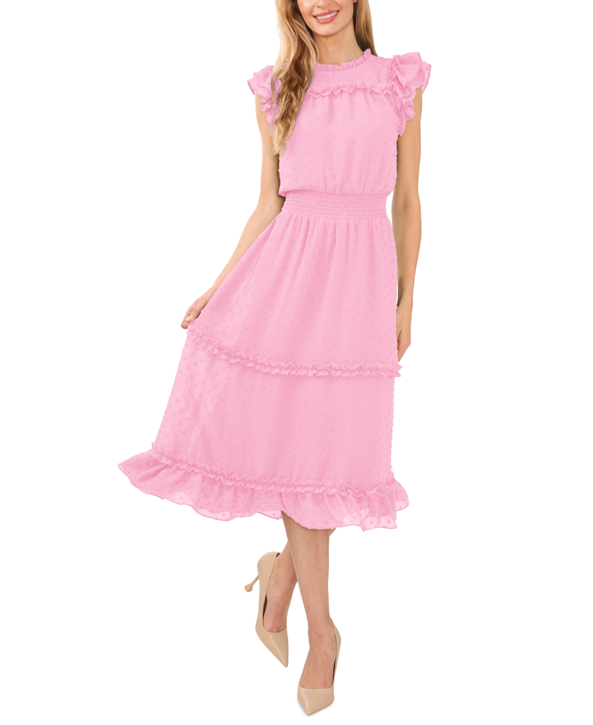 Cece Clip Dot Flutter Sleeve Midi Dress In Pink Begonia