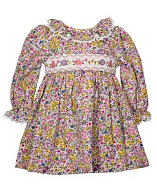 Baby Girls Floral Long Sleeved Twill Dress with Pierrot Collar