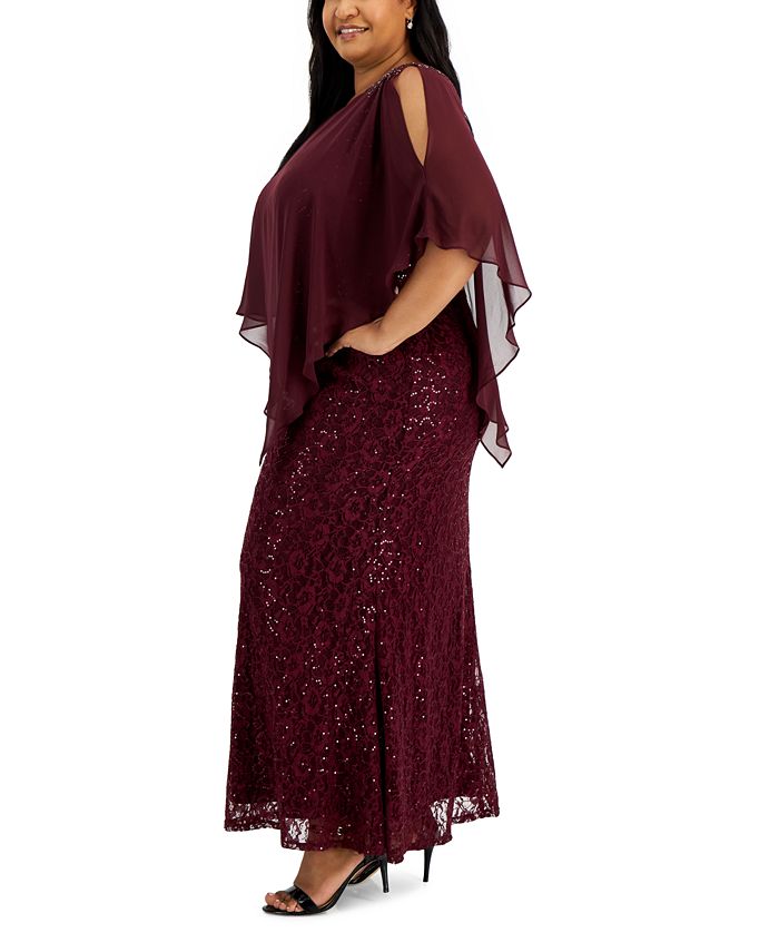 S.L. Fashions Women's Plus Size Stretch Knit Sparkle Beaded Overlay Cape Dress, Smoke And Silver, 14 Plus