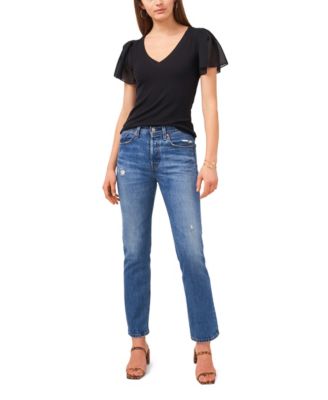 売れ筋商品|||ワンステイト カットソー トップス レディース Women's Flutter Short Sleeve V-Neck Knit Top Rich Black 1.State Women's Flutter Short Sleeve V-Neck Knit Top Rich