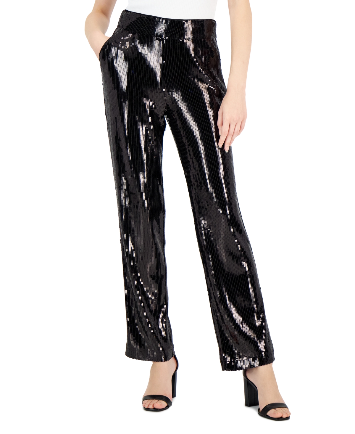 Shop Inc International Concepts Women's Sequin Straight-leg Pants, Created For Macy's In Deep Black
