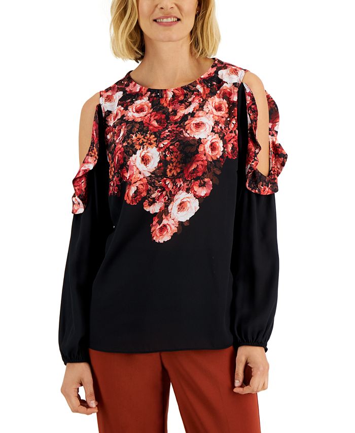 JM Collection Women's Cold-Shoulder Mixed-Media Floral Top, Created for ...