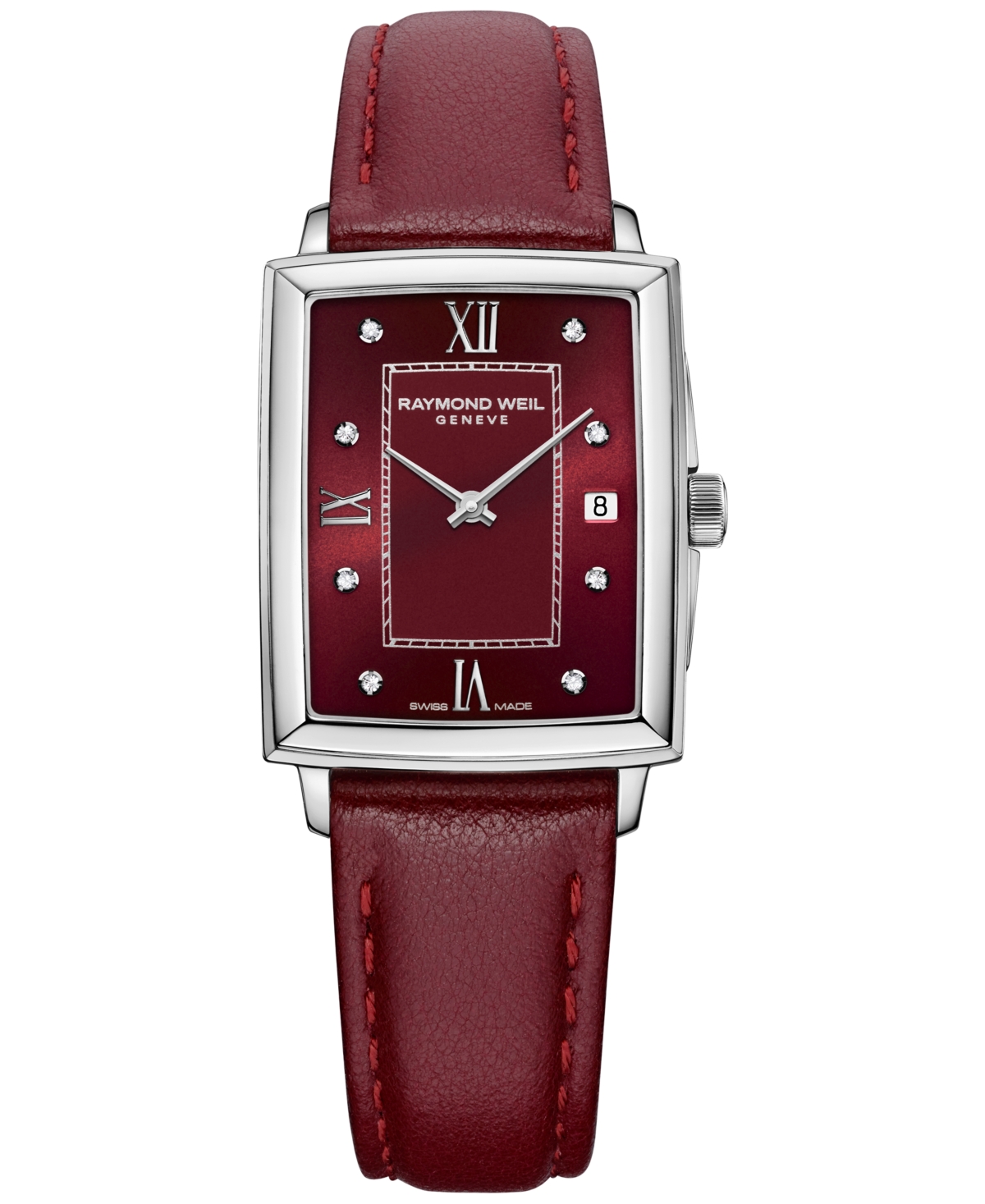 Raymond Weil Women's Swiss Toccata Diamond (1/4 Ct. T.w.) Burgundy Leather Strap Watch 23mm In Red
