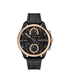 Men's Multi-Function One Handed Black Leather Strap Watch 44mm