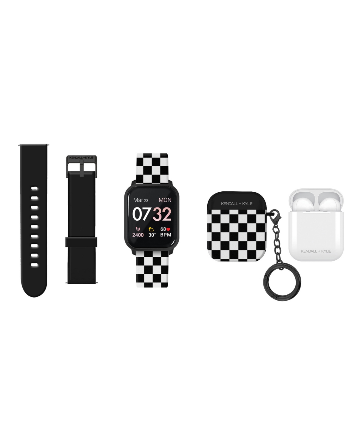 Kendall + Kylie Women's Checkered Print Black Silicone Strap Smartwatch 34mm with Earbud Set 3 Pieces