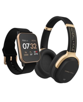 Kendall Kylie Women s Gold Tone Black Silicone Strap Smartwatch With Bluetooth Headphone Set 34mm Macy s