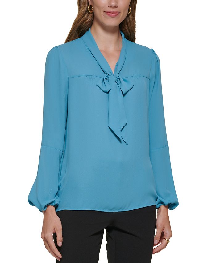DKNY Petite Cinched Sleeve Bow Tie Blouse - Macy's