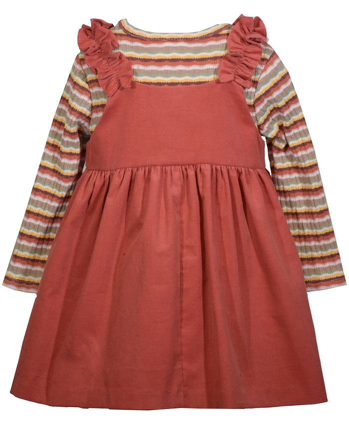 Bonnie Baby Baby Girls Jumper with Rouched Straps, Pockets and Coordinating Striped Rib Onesie
