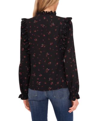Women's Long Sleeve Tie-Neck Blouse with Eyelet Trim