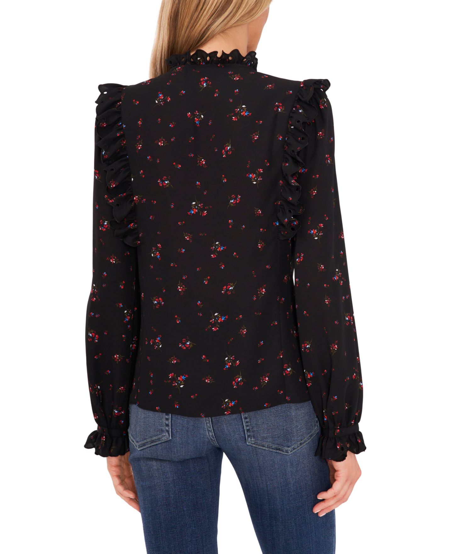 Женская блузка CeCe Long Sleeve Tie-Neck with Eyelet Trim, цвет: Насыщенный чёрный — фото 2