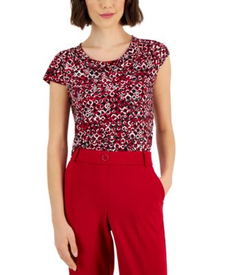 Kasper - Women's Printed Cowlneck Cap-Sleeve Blouse