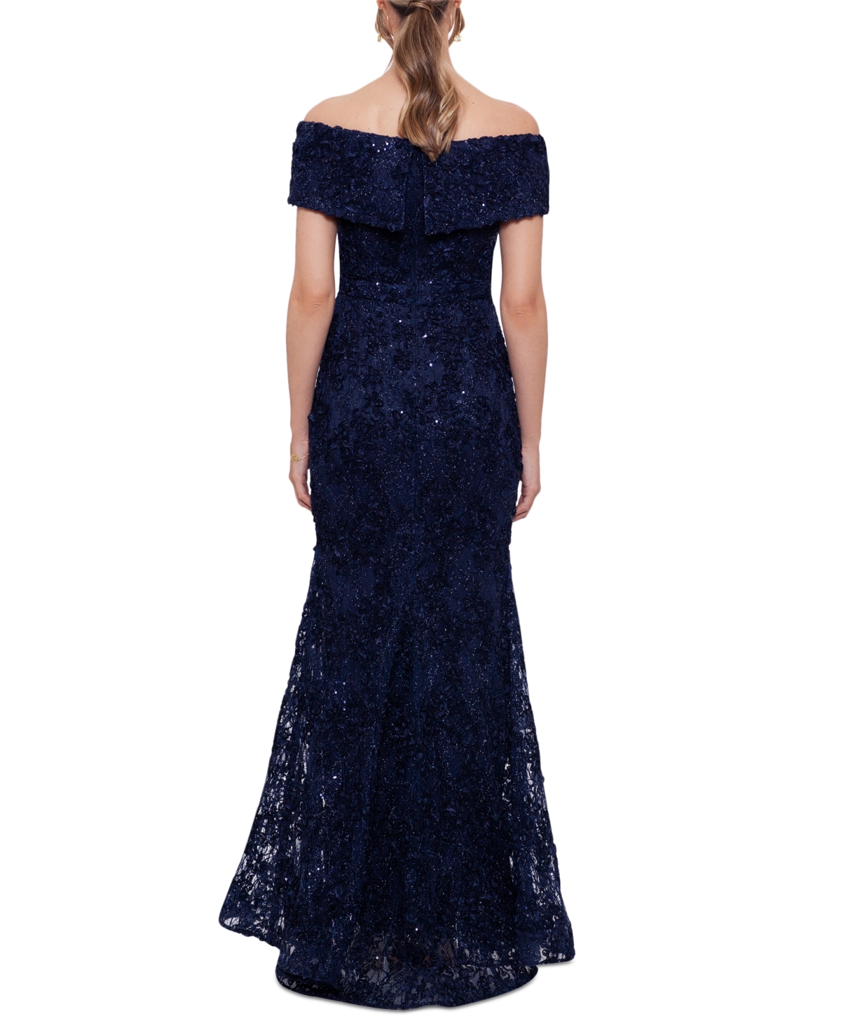 Xscape Off The Shoulder Embroidered Gown In Navy