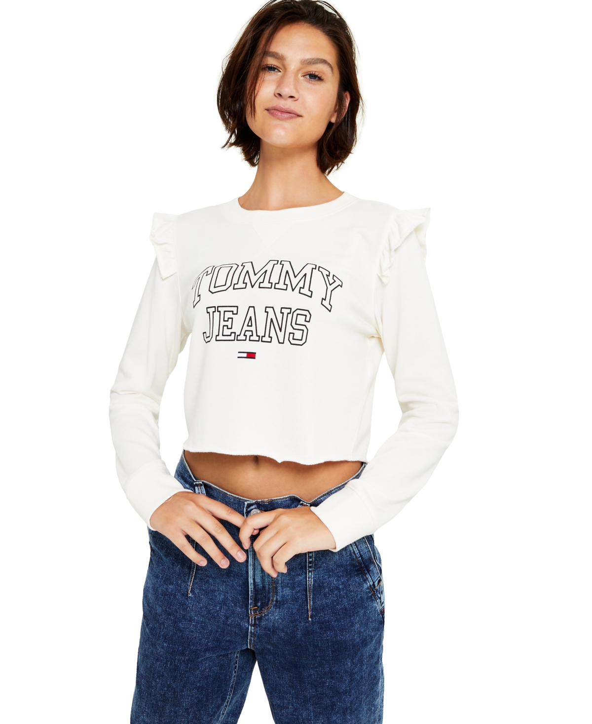  Tommy Jeans Women's Cropped Ruffle-Trim Sweatshirt