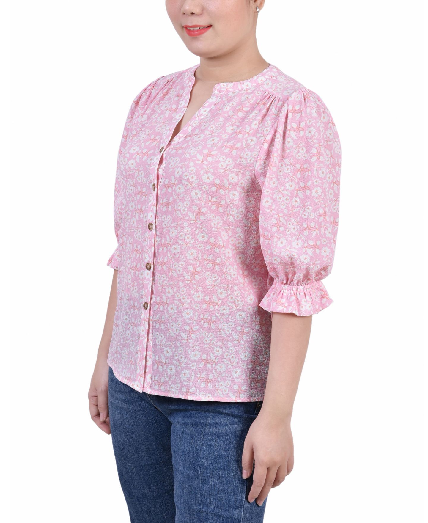 Женская блузка NY Collection Petite Elbow Sleeve Y-Neck, цвет: Пудровый с принтом — фото 3
